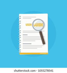 Icon User Guide With Magnifying Glass. User Manual. Vector Illustration Of Instruction Manual In Flat Style.