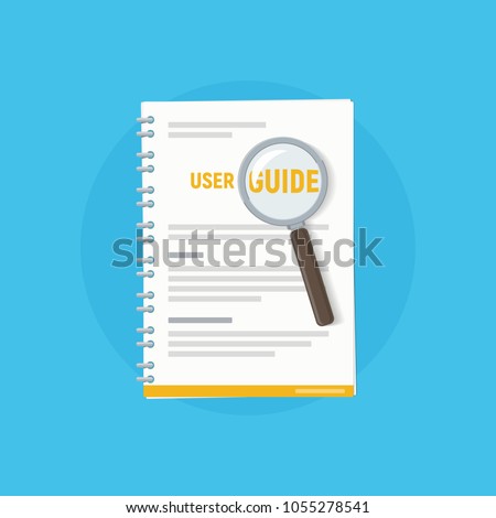 Icon user guide with magnifying glass. User manual. Vector illustration of instruction manual in flat style.