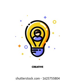 Icon of user photo and light bulb as innovative idea symbol for creative person concept. Flat filled outline style. Pixel perfect 64x64. Editable stroke
