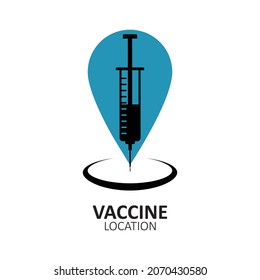 The icon of the vaccine location. The icon of the location of the vaccination site. Location sign with a syringe. Vector illustration isolated on a white background for design and web.