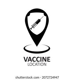 The icon of the vaccine location. The icon of the location of the vaccination site. Location sign with a syringe. Vector illustration isolated on a white background for design and web.