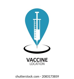 The icon of the vaccine location. The icon of the location of the vaccination site. Location sign with a syringe. Vector illustration isolated on a white background for design and web.