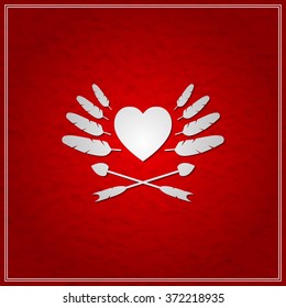 Icon of valentine's day with heart, feathers and arrows on red crumpled background