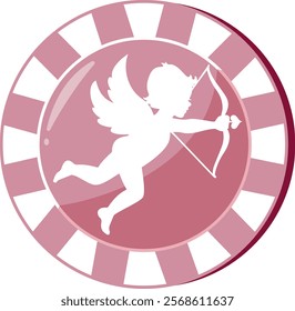 icon for valentine's day, namely pink casino poker chip with angel print, crossbow and cupid's arrow, for holiday designs and posters