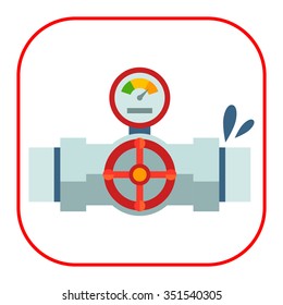 Icon of valve with manometer mounted on leaking pipe