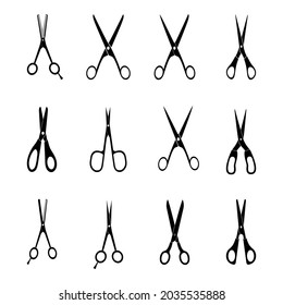 Icono de diversos tipos de tijeras metálicas con asas de plástico sobre fondo blanco. Una imagen vectorial.