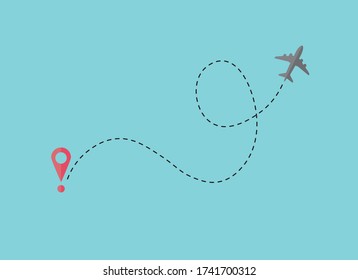 Icon of the vector of the airline's trajectory flight route plane with a starting point and a dash line trace