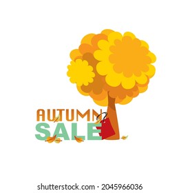 Vector de iconos para la venta de otoño, diseñado con hojas de naranja otoñal en árbol, tipo y bolsa de compras roja, icono sobre fondo blanco.