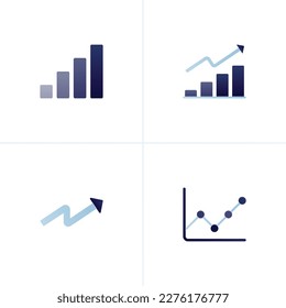 Icon vector of bar chart variations to depict growth and progress metaphors, up arrows and line charts. Can be used for company websites, web, poster ads, mobile apps, startup banners, landing pages