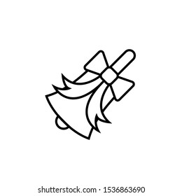 Icon Vector Bell With Ribbon Bow Knot Outline Only No Fill On White Background. 
Flat Icon For Web, Apps, Or Design Product EPS10. Christmas Decoration.
