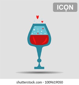 Icon vector. Blue wineglass with wine and hearts. St. Valentine's Day