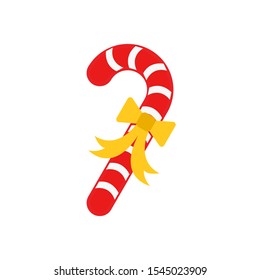 Icon Vector Christmas Candy Cane With Ribbon Bow Knot Red White Fill On White Background. 
