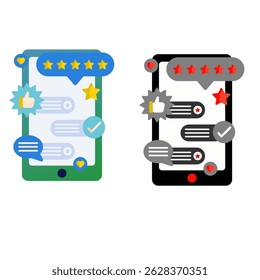 icon vector collection of messages on mobile phones, star icon, thumbs up, checkmarks and messages, green, red, white black, light black and yellow colors