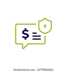 icon vector concept of protected, safe and guaranteed financial and investment advice illustrated with dollar in comments and locked shield symbols. Can used for social media, website, web, poster, mo