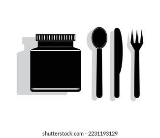 icon vector design of a container or jar filled with jam that is still covered and also has a spoon and fork and a bread knife beside it