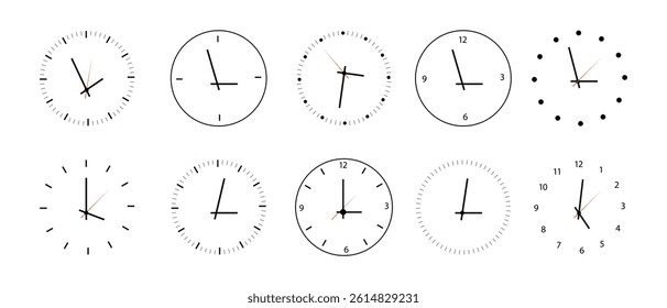 Сlock icon vector. Different types of clocks. Collection of clock designs showing various styles, times, and arrangements in a simple layout