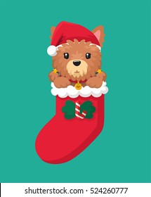 icon vector Dog Yorkshire terrier with cute pigtails. Puppy wearing a red Christmas hat and a red collar. Yorkie sits in a New Year's sock for gifts. Sock decorated with bow and candy.