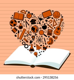 icon vector of education subject in heart shape on open book with light orange color in paper style background 