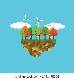 Icon vector of energy reform on sky Island with blue isolated background.