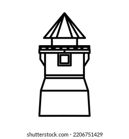 Icon Vektorgrafik-Schutz Gebäude Schutz und Symbol Sicherheit Linie. Design-Skizze-Haus einzeln weiß und Überwachung Piktogramm-Turm. Architekturreich - einfache Zeichnung