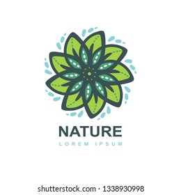 Icon Vector hand sketched logotype, leaf label template for vegan food package design. wreath, doodle, round frame. Isolated leaves icon. bio nutrition, healthy diet, vegan restaurant menu