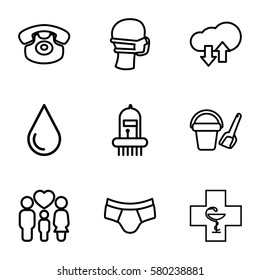 icon vector icons. Set of 9 icon outline icons such as bucket toy for beach, water drop, man underwear, medical mask, family, desk phone, pharmacy, musical instrument