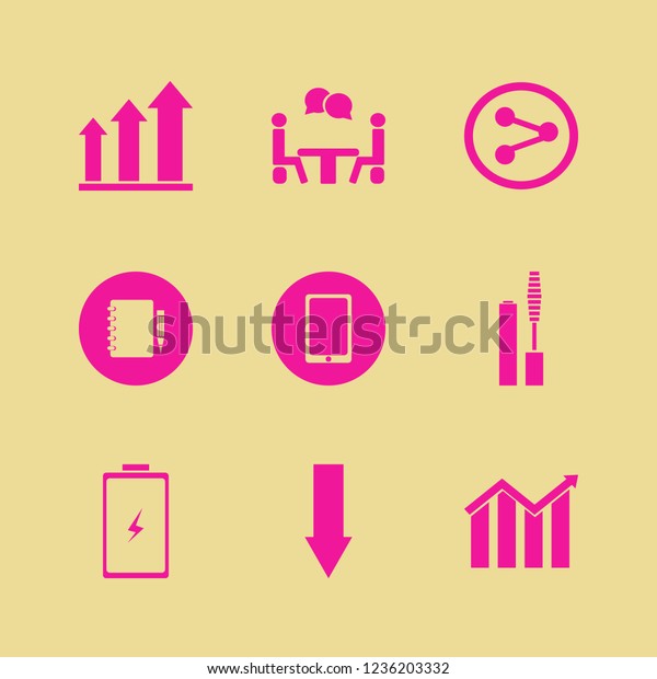 up icon. up vector icons set share\
sign, mascara brush, growing graph and notebook\
pencil