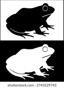 Icon, vector illustration of bullfrog, black and white silhouette, in original and negative versions