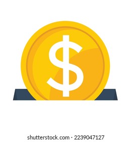 Ikone Vektorgrafik einer Dollarmünze, die fast in das Loch geht. Illustrationskonzept für Geldspenden, Spendensammeln, Sparen von Geld.
