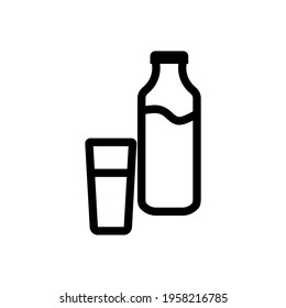 Icon vector illustration of milk, kefir in old fashioned glass bottle and glass of milk. Isolated on white background.