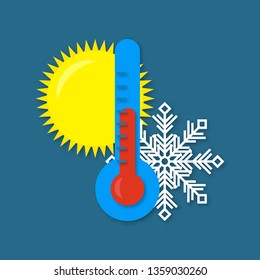 Icon vector illustration on dark blue background. Hot and Cold weather thermometer. Vector.