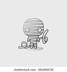 Icon vector illustration in outline style of kid, wearing mummy costume, in halloween event.