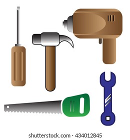 icon vector illustration Set of general home use tools hammer saw drill screwdriver wrench 