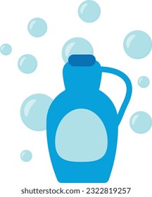 Icon vector illustration of a shampoo or detergent bottle, surrounded by bubbles.