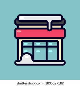 Icon vector illustration of a shop building covered by snow in winter season. Suitable for winter and christmas