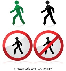 Icon vector illustration showing a man walking as well as a walking allowed and prohibited signs