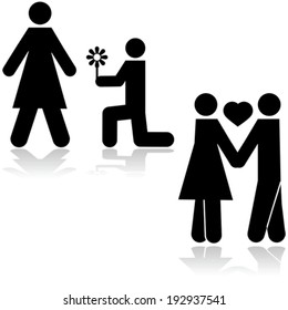 Icon vector illustration showing a man kneeling with a flower in front of a woman and then the couple holding hands