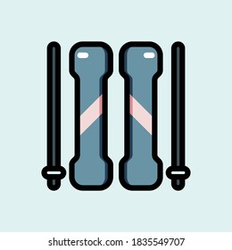 Icon vector illustration of ski equipment, including a pair of board, and a pair of ski pole. Suitable for winter sport and christmas