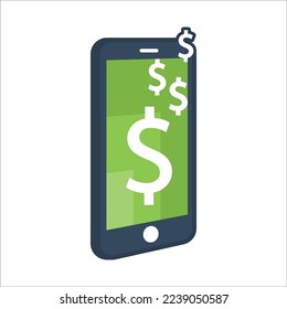 Icon vector illustration of a smartphone and dollar currency. The concept of making money online with a smartphone, which makes money dollars.