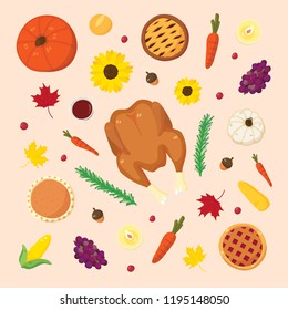 Icon vector illustration of Thanksgiving concepts with food, fruit and drinks. Colour cute cartoon drawing style. Contained turkey, pumpkin, grapes, carrot, pie, acorn, maple leaf, corn and sunflower