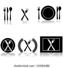 Icon vector illustrations of fork, knife and spoon arranged in different ways