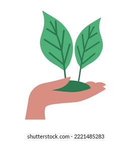 imagen vectorial de icono de una tierra de mano y de la tierra tiene una planta que tiene hojas verdes fondo blanco