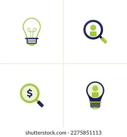 Icon vector of lamps and ideas, looking for user profiles with a magnifying glass, seeking money and profits, ideas in human resource development. Can be used for company websites, poster ads, startup