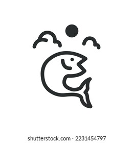 icon of vector linear boho emblems.Bohemian logo design with sea or lake,sun,mountains,aurora lights and moon.Modern travel icons or symbols in trendy minimalist style.Branding design templates.