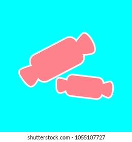 Ð¡andies icon. Vector. Magenta icon with white sticker contour at sky blue background. Isolated.