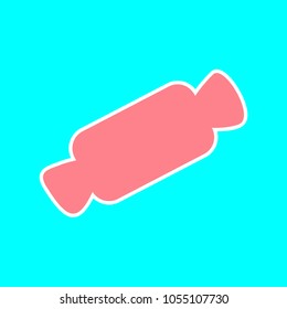 Ð¡andy icon. Vector. Magenta icon with white sticker contour at sky blue background. Isolated.