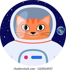 Icon vector orange cat funny cartoon astronaut in white space suit. Happy cat face with space helmet isolated on dark blue background with stars and planet earth