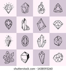 Icon vector outline collection - crystals or gems, symbols set with jewelry gemstones, quartz, minerals, diamonds, hand drawn or doodle illustration