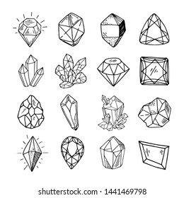 Icon vector outline set - crystals or gems, on white background, symbols collection with gemstones, quartz, minerals, diamonds, hand drawn or doodle illustration
