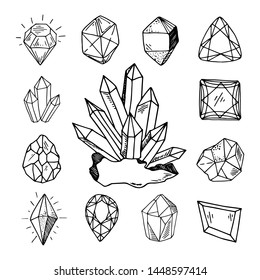 Icon vector outline set - crystals or gems, on white background, symbols collection with gemstones, quartz, minerals, diamonds, hand drawn or doodle illustration